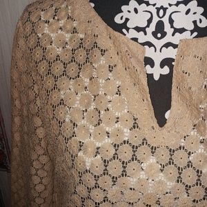 FRENCHI tan 70s boho bell sleeve sheer top